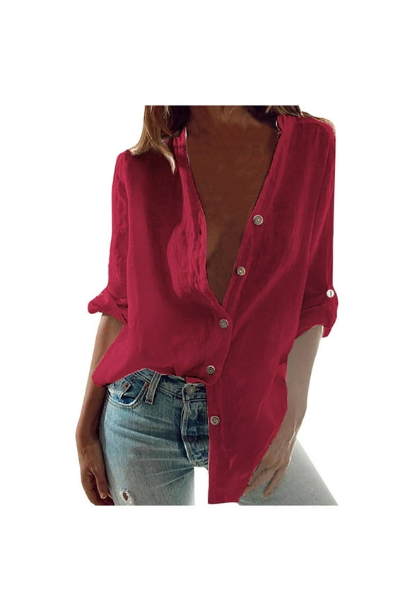 Linen Pullover Women Solid Fashion Button Down Long Sleeve Womens Rugby Shirt,Red,2XL