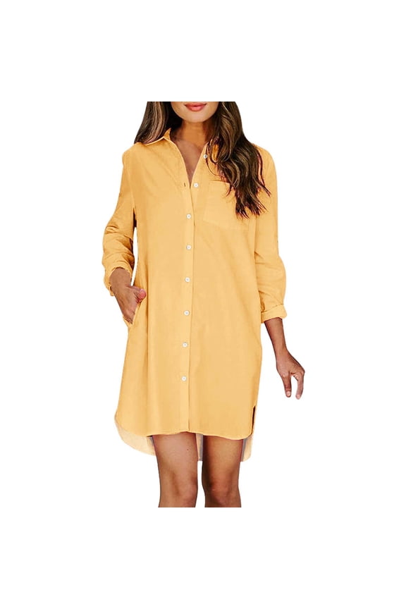 Linen Pullover Women Solid Long Sleeve Turtleneck Pocket Split Hem Loose Womens Sprimg Clothing,Yellow,XL