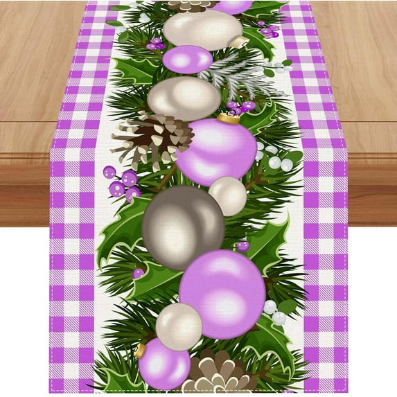 Linen Purple and White Buffalo Check Plaid Christmas Table Runner 72 Inches Long Farmhouse Winter Christmas Xmas Holiday Home Kitchen Table Decorations