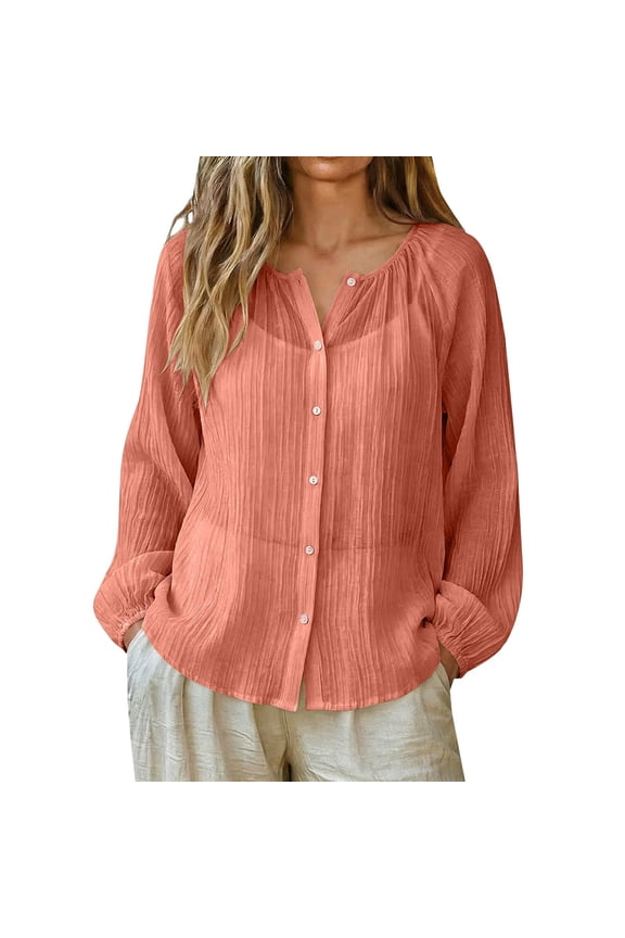 Linen Raglan Shirts for Women Summer Sun Protection Lightweight Long Sleeve Button Down Cover Ups Beach Shirt
