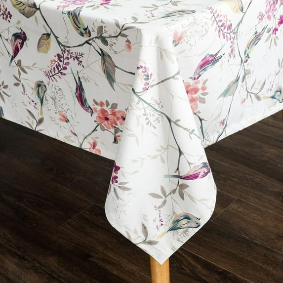 Linen Rectangle Tablecloth - 60 x 102 Inch - Birds and Floral Print Country Style Durable Dust-Proof Table Cloth, Washable Stain Proof Table Cover for Kitchen Dining Table Decorations