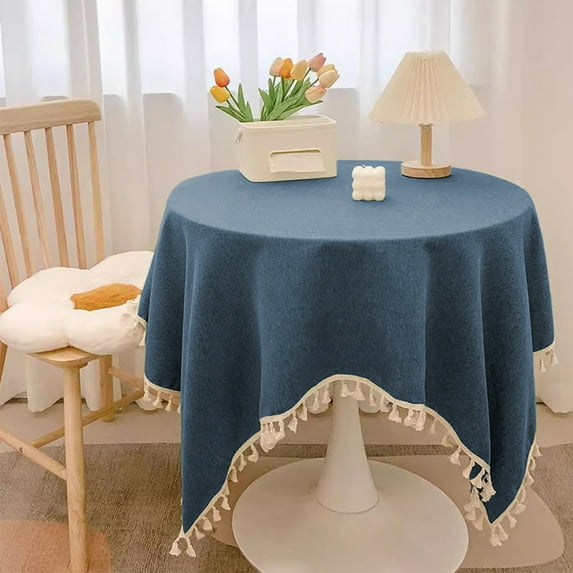 Linen Rectangle Tablecloth with Tassels 35.4 × 35.4inch Wrinkle and Stain Resistant Table Cloth Boho Rustic Fabric Table Cover for Farmhouse Kitchen Dinning Party