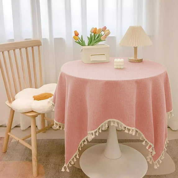Linen Rectangle Tablecloth with Tassels 35.4 × 35.4inch Wrinkle and Stain Resistant Table Cloth Boho Rustic Fabric Table Cover for Farmhouse Kitchen Dinning Party