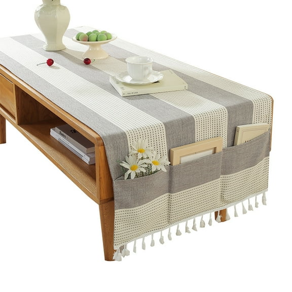 Linen Rectangular Coffee Table Tablecloth Tassel Living Room Table Cloth Cover with Pockets
