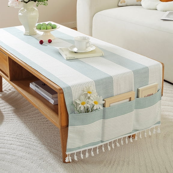 Linen Rectangular Coffee Table Tablecloth Tassel Living Room Table Cloth Cover with Pockets