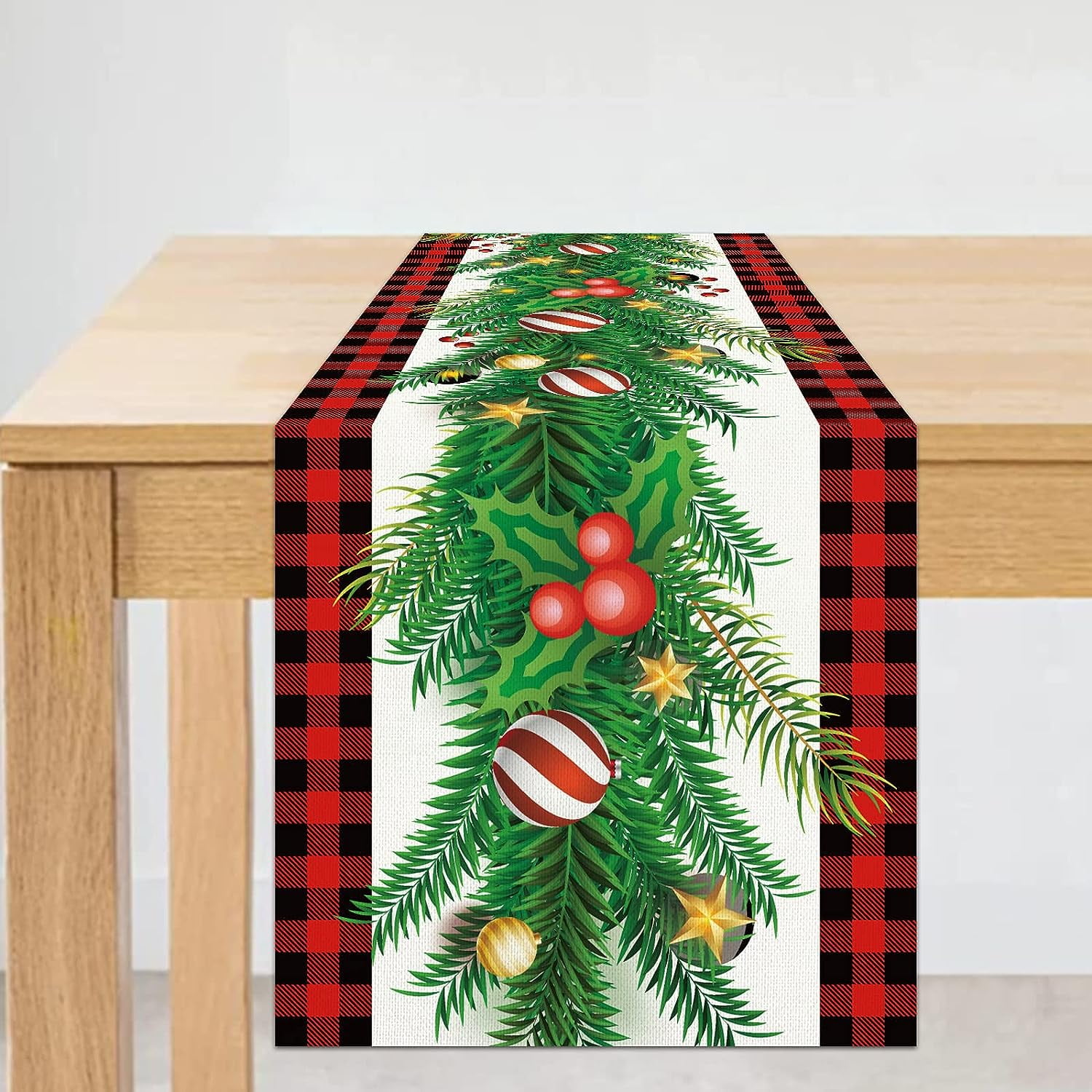 Linen Red and Black Buffalo Check Plaid Christmas Table Runner 72