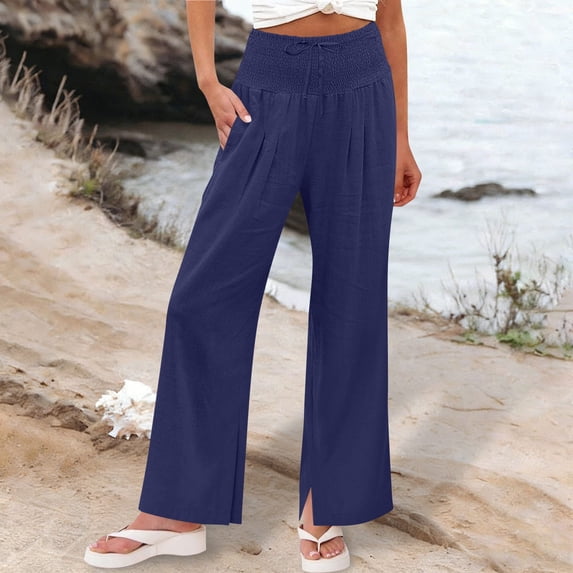 Linen Relaxed Fit Smocked High Waisted Trousers for Women Palazzo Pants Flowy Bottoms Split Hem Casual Lounge Outfits