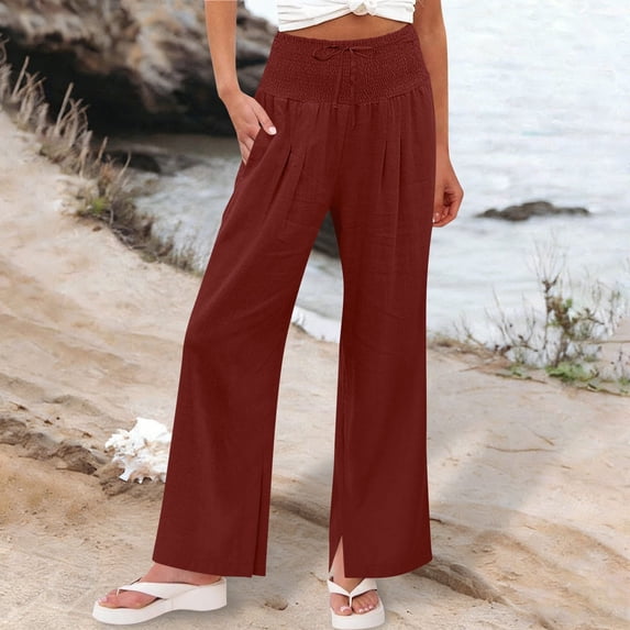 Linen Relaxed Fit Smocked High Waisted Trousers for Women Palazzo Pants Flowy Bottoms Split Hem Casual Lounge Outfits