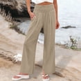 thumbnail image 1 of Linen Relaxed Fit Smocked High Waisted Trousers for Women Palazzo Pants Flowy Bottoms Split Hem Casual Lounge Outfits, 1 of 6