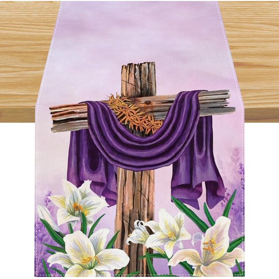 Linen Religious Cross He is Risen Easter Table Runner 13x72 Inch Spring Summer Decorations and Supplies for Home Kitchen Dining Room Table