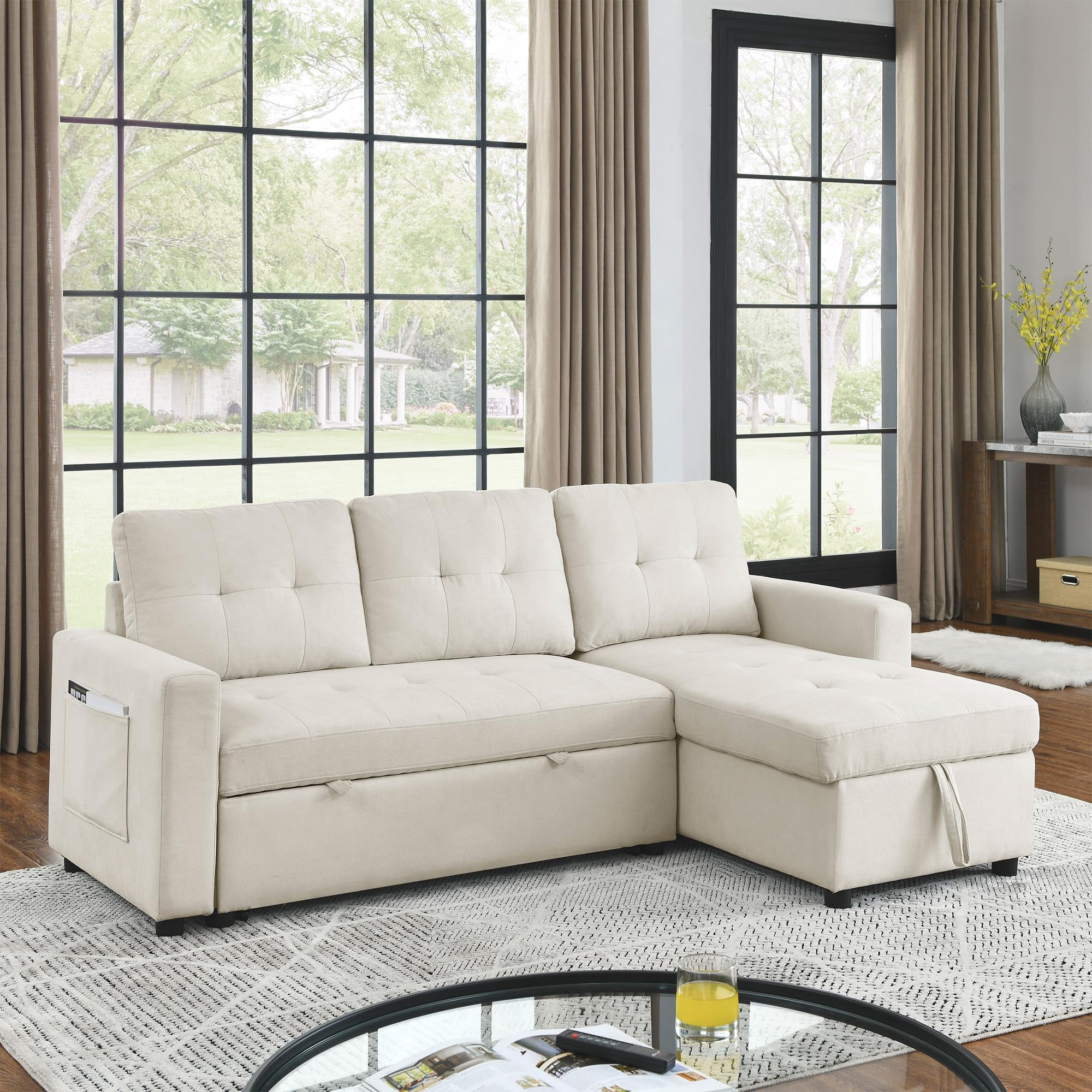 Linen Reversible Sleeper Sectional Sofa, L-Shaped Sofa Bed Pull Out ...