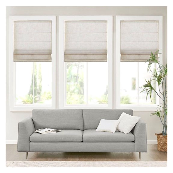 Linen Roman Shades 64 Inch Length, Light Filtering Cordless Window Shade, Natural Linen Texture, Inside/Outside Mount, Oeko-Tex Certified