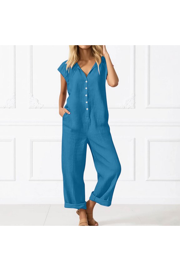 Linen Rompers for Women Casual Short Sleeve Button Down Overalls Wide Leg Loose Jumpsuit with Pockets