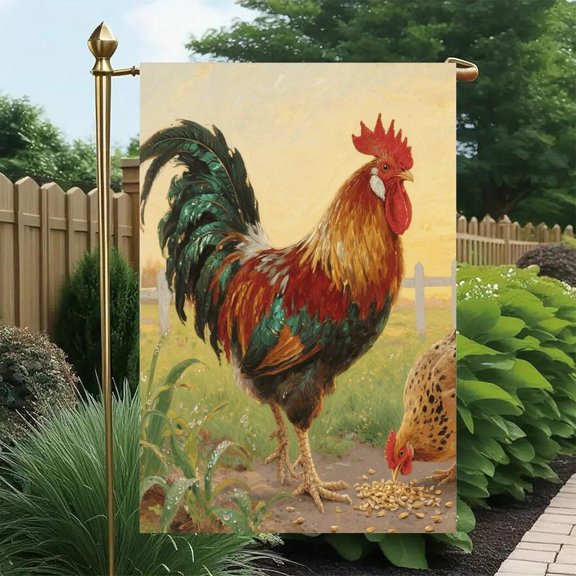 Linen Rooster and Hen Garden Flag 12 x 18 Inch Single Sided Weatherproof Seasonal Yard Banner for Outdoor Patio Porch Lawn Decor