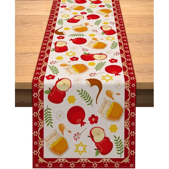 Linen Rosh Hashanah Table Runner Shana Tova Jewish New Year Party Supply Home Kitchen Dining Room Table Decor 13.8x71inches