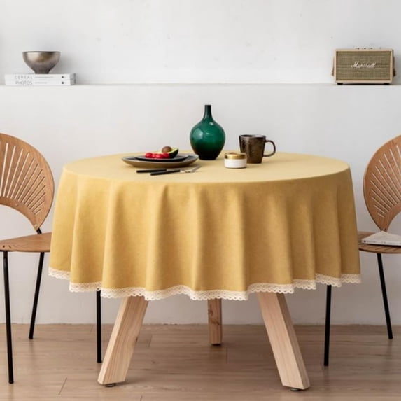 Linen Round Tablecloth with Lace Trim - Waterproof, Stain Resistant, Wrinkle Free Table Cover for Dining, Kitchen, Wedding, Party, and Holiday