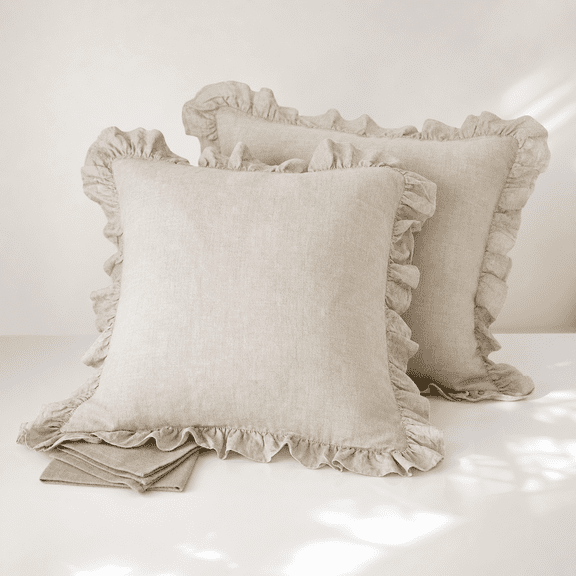 Linen Ruffle Euro Pillow Shams, 26" x 26" Pack of 2, Home Decor