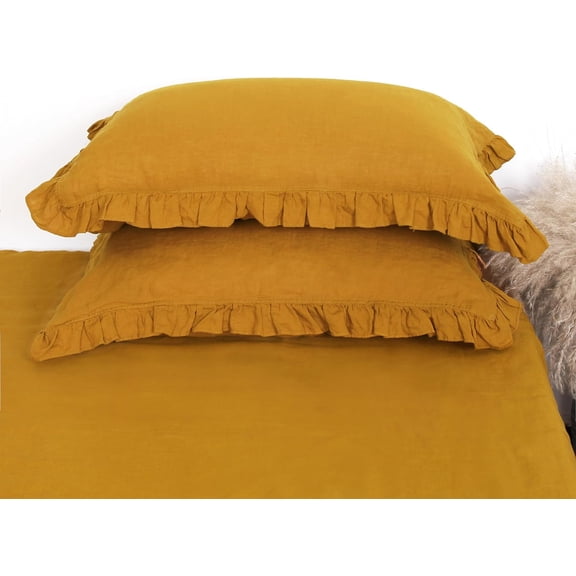 Linen Ruffled Pillow Cases,100% French Natural Linen Pillowcase Set of 2,Decorative Boho Pillow Cases Ruffle Bedding King Size (20''x40''),Yellow