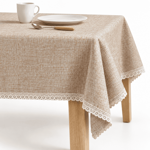 Linen Rustic Burlap Washable Tablecloth Solid Heavy Weight Tan 60 X 120 Rectangle Overlay Lace Edge Table Cover For Kitchen Dinnin