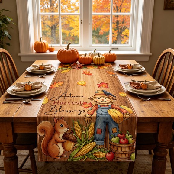 Linen Scarecrow Table Runner – 13x48 Inch Fall Thanksgiving Dining Decor, Rustic Farmhouse Harvest Table Runner for Home Kitchen