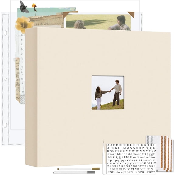 Linen Scrapbook Photo Album Kit, Large 3 Ring Binder Scrapbook with 30 Plastic Sleeves, 15x13 Inch DIY Memory Book for Wedding, Anniversary, Family & Kids Keepsake Gift, Beige