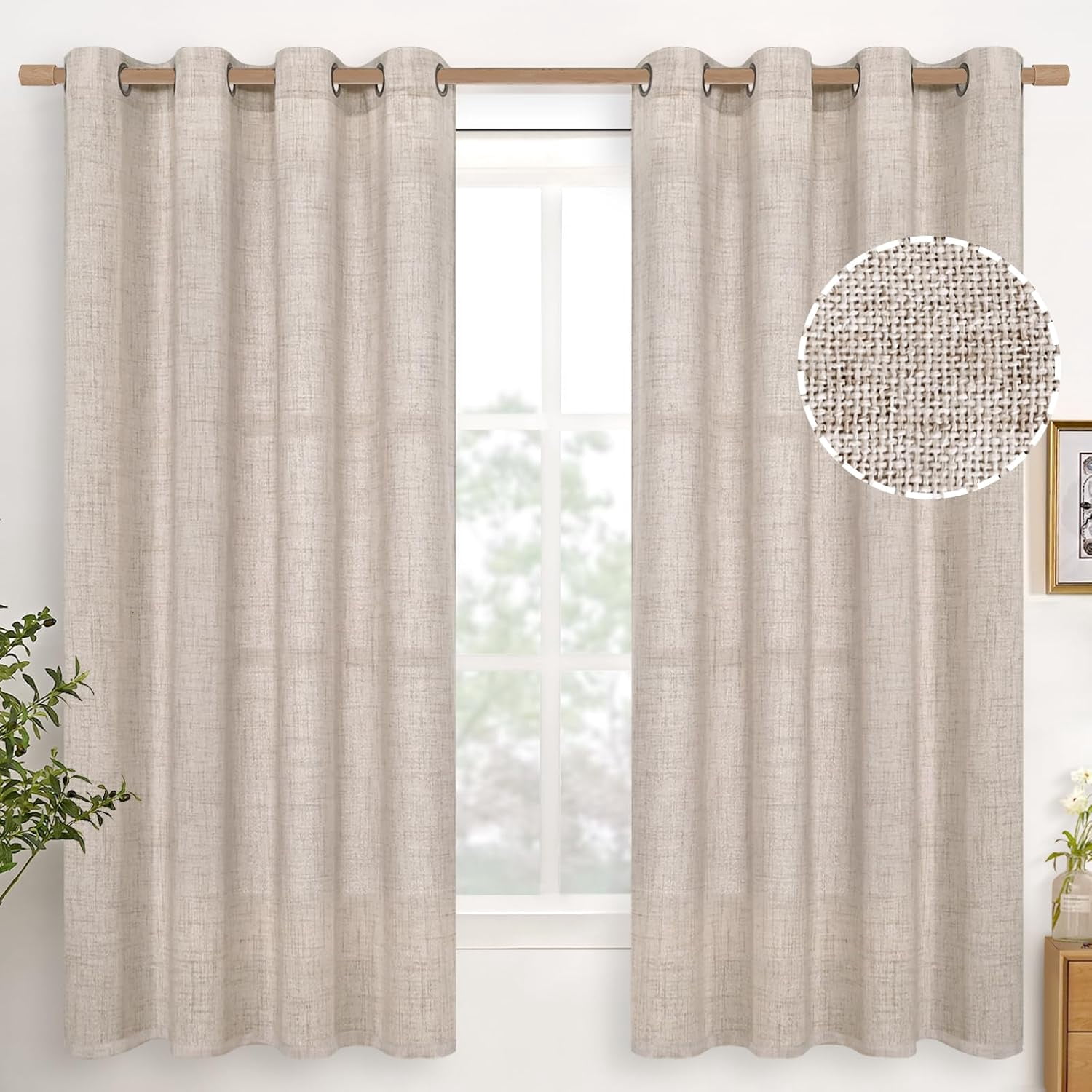 Linen Semi Sheer Curtains 2 Panels for Living Room - Light Filtering Drapes with Bronze Grommet Beige Window Treatments for Country Office Bedroom