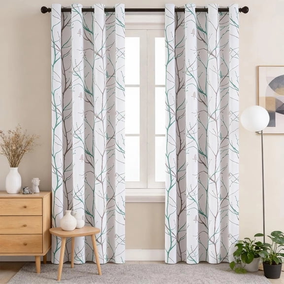 Linen Semi Sheer Curtains for Bedroom, Black White Extra-Thick Matte Blackouts Curtains for Living Room,Modern Grey Tree Branch Patterned Light Filtering Farmhouse Window Drapes,51.97×84.25in