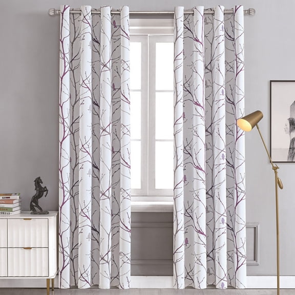 Linen Semi Sheer Curtains for Bedroom, Black White Extra-Thick Matte Blackouts Curtains for Living Room,Modern Grey Tree Branch Patterned Light Filtering Farmhouse Window Drapes,51.97×84.25in