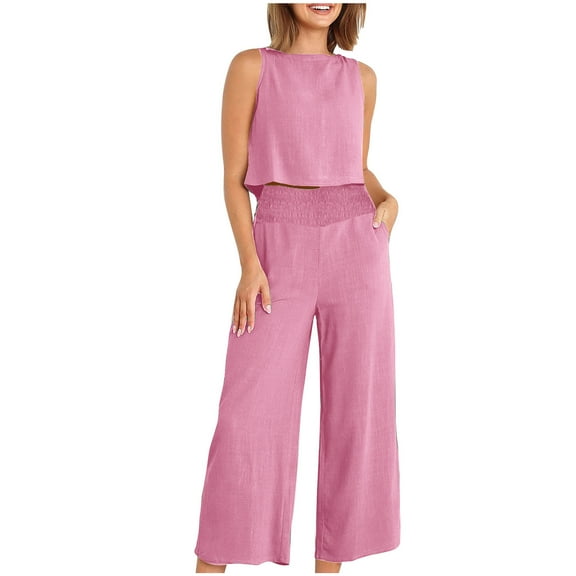 Linen Set for Women Summer Outfits Matching Crop Tank Top and Pleated Wide Leg Pant Casual 2 Piece Sets