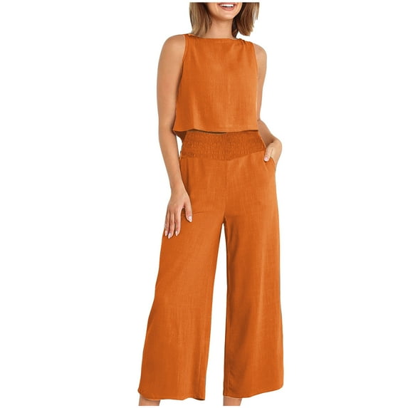 Linen Set for Women Summer Outfits Matching Crop Tank Top and Pleated Wide Leg Pant Casual 2 Piece Sets