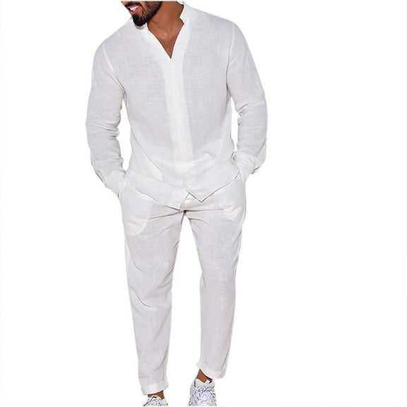 Linen Sets For Men 2 Piece Button Down Shirt Long Sleeve And Casual Beach Drawstring Waist Pants Summer Outfits