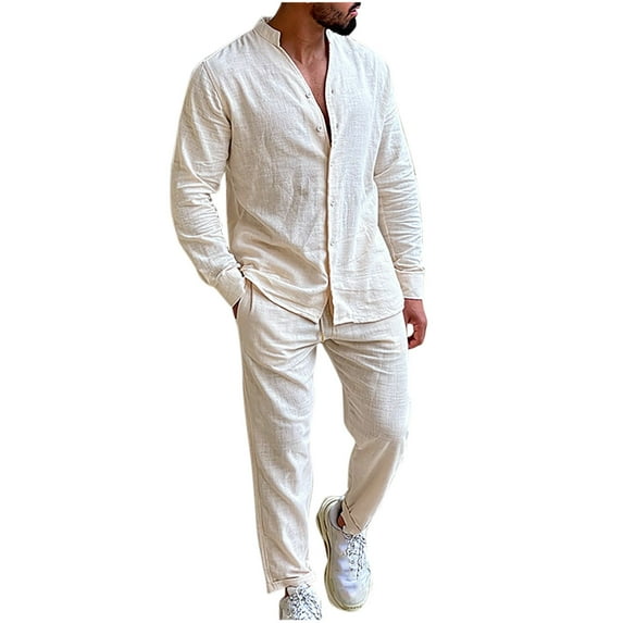 Linen Sets For Men 2 Piece Button Down Shirt Long Sleeve And Casual Beach Drawstring Waist Pants Summer Outfits