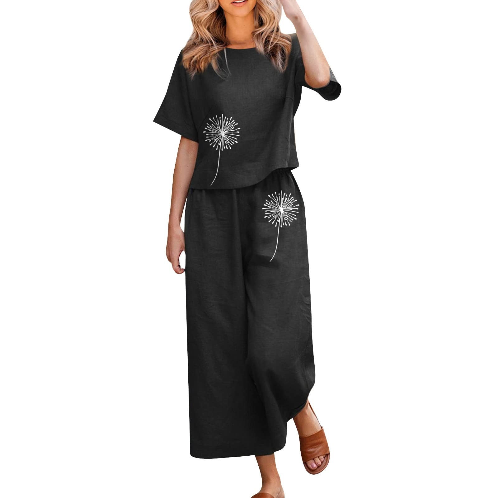 Linen Sets For Women 2 Piece Ladies Cotton Short Sleeve Printed Blouse ...