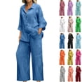 thumbnail image 1 of Linen Sets For Women 2 Piece Long Sleeve Shirts & Wide Leg Trousers Loose Workout Gym Lounge Outfits, 1 of 6