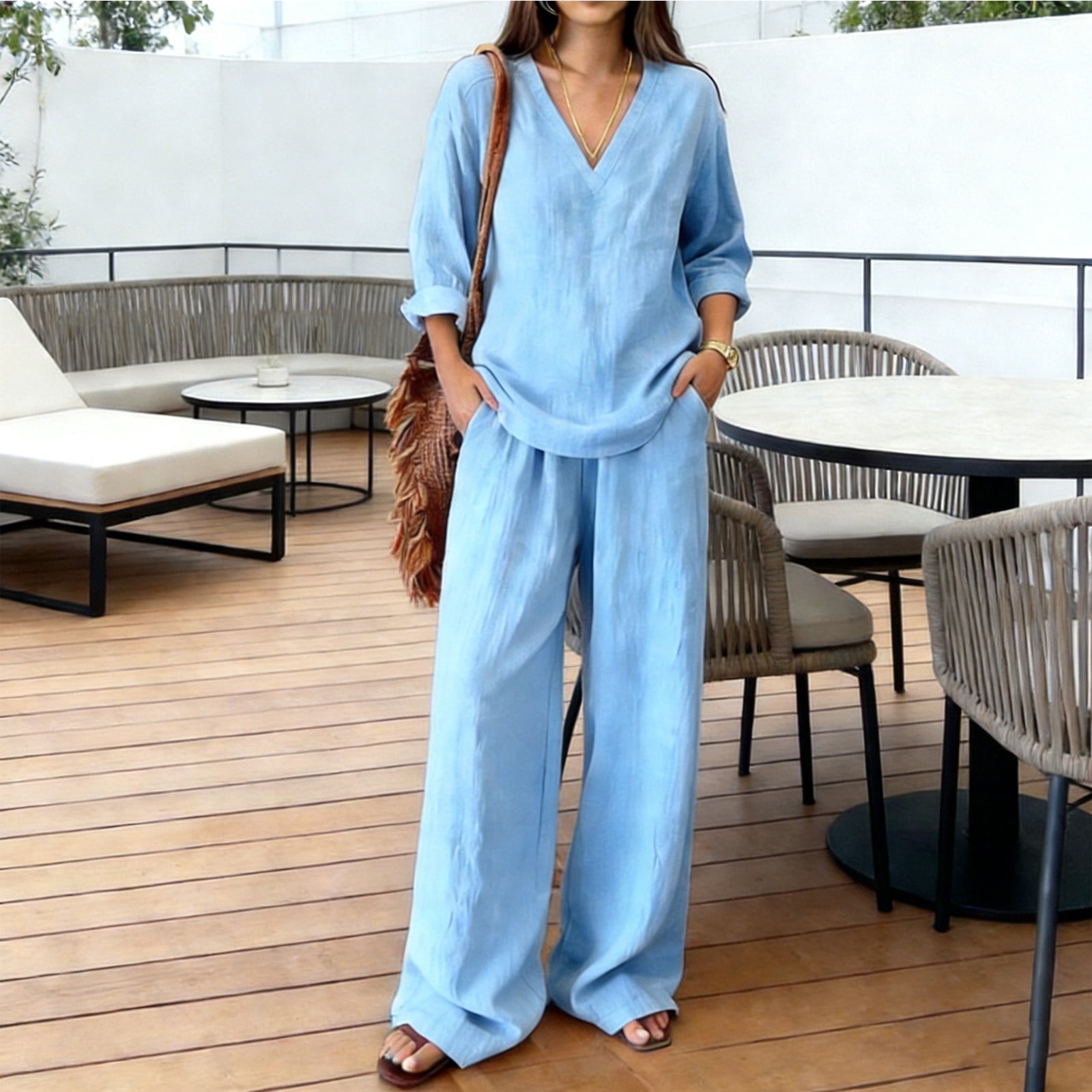 Linen Sets For Women 2 Piece Long Sleeve V Neck Linen Shirts Matching ...