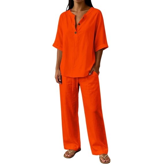 Linen Sets For Women 2 Piece,Short Sleeve Gauze Tops And Wide Leg Pants Summer Sets Women 2 Piece Outfits Orange 3XL
