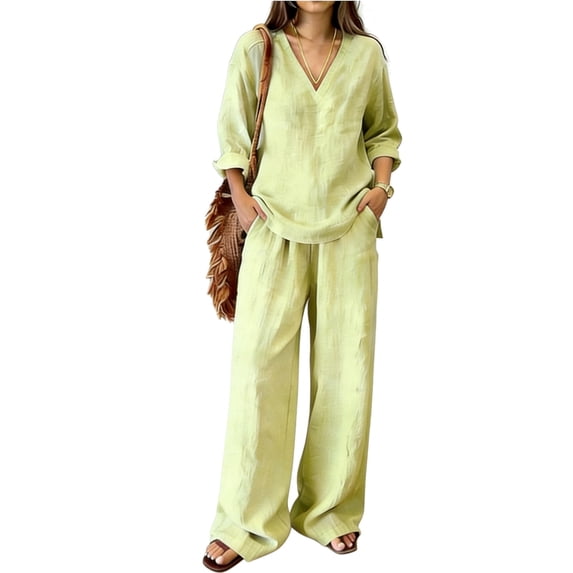 Linen Sets For Women 2 Piece Summer Long Sleeve V Neck Shirts Matching Wide Leg Lounge Pants Resort Beach Vacation Outfits/Green/3XL