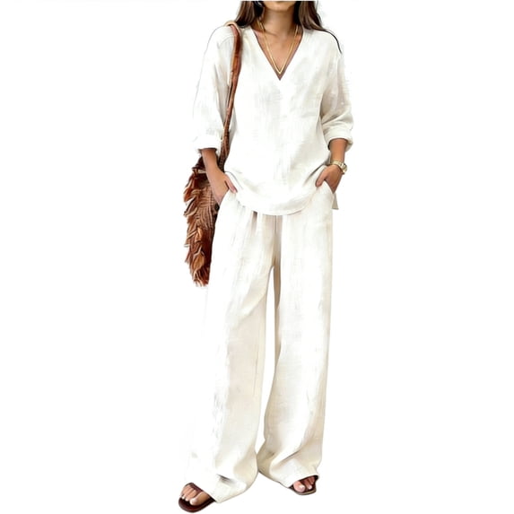 Linen Sets For Women 2 Piece Summer Long Sleeve V Neck Shirts Matching Wide Leg Lounge Pants Resort Beach Vacation Outfits/White/M
