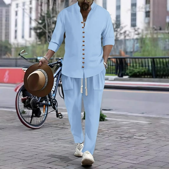 Linen Sets For Men 2 Piece Button Down Shirt Long Sleeve And Casual Beach Drawstring Waist Pants Outfits Men Casual Stand Collar Solid Color Button Blouse And Pants Pockets Trousers Sports Suit