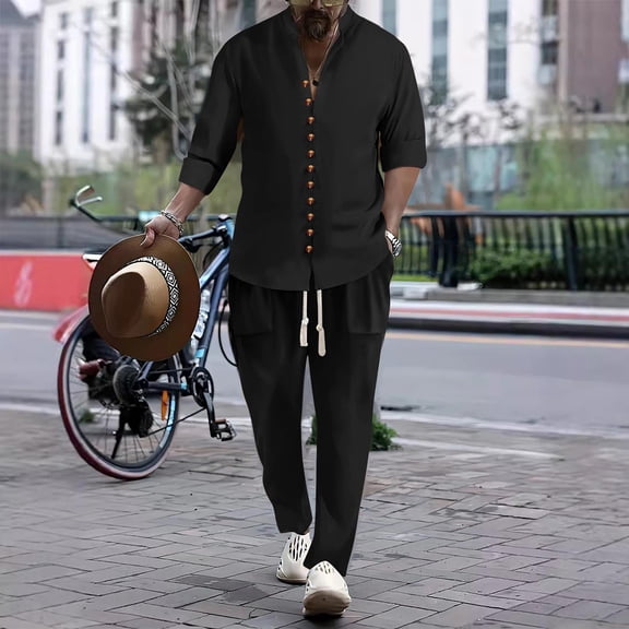 Linen Sets For Men 2 Piece Button Down Shirt Long Sleeve And Casual Beach Drawstring Waist Pants Outfits Men Casual Stand Collar Solid Color Button Blouse And Pants Pockets Trousers Sports Suit