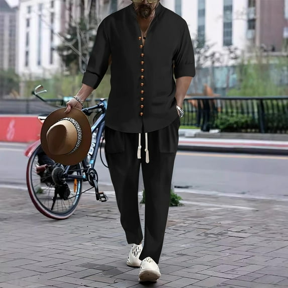 Linen Sets For Men 2 Piece Button Down Shirt Long Sleeve And Casual Beach Drawstring Waist Pants Outfits Men Casual Stand Collar Solid Color Button Blouse And Pants Pockets Trousers Sports Suit