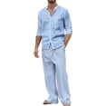 thumbnail image 1 of Linen Sets for Men Fashion Long Sleeve Button Crew Neck Tops Baggy Elastic Wide Leg Drawstring Pants Comfy Casual Travel Outfits with Pockets Sky Blue M, 1 of 9
