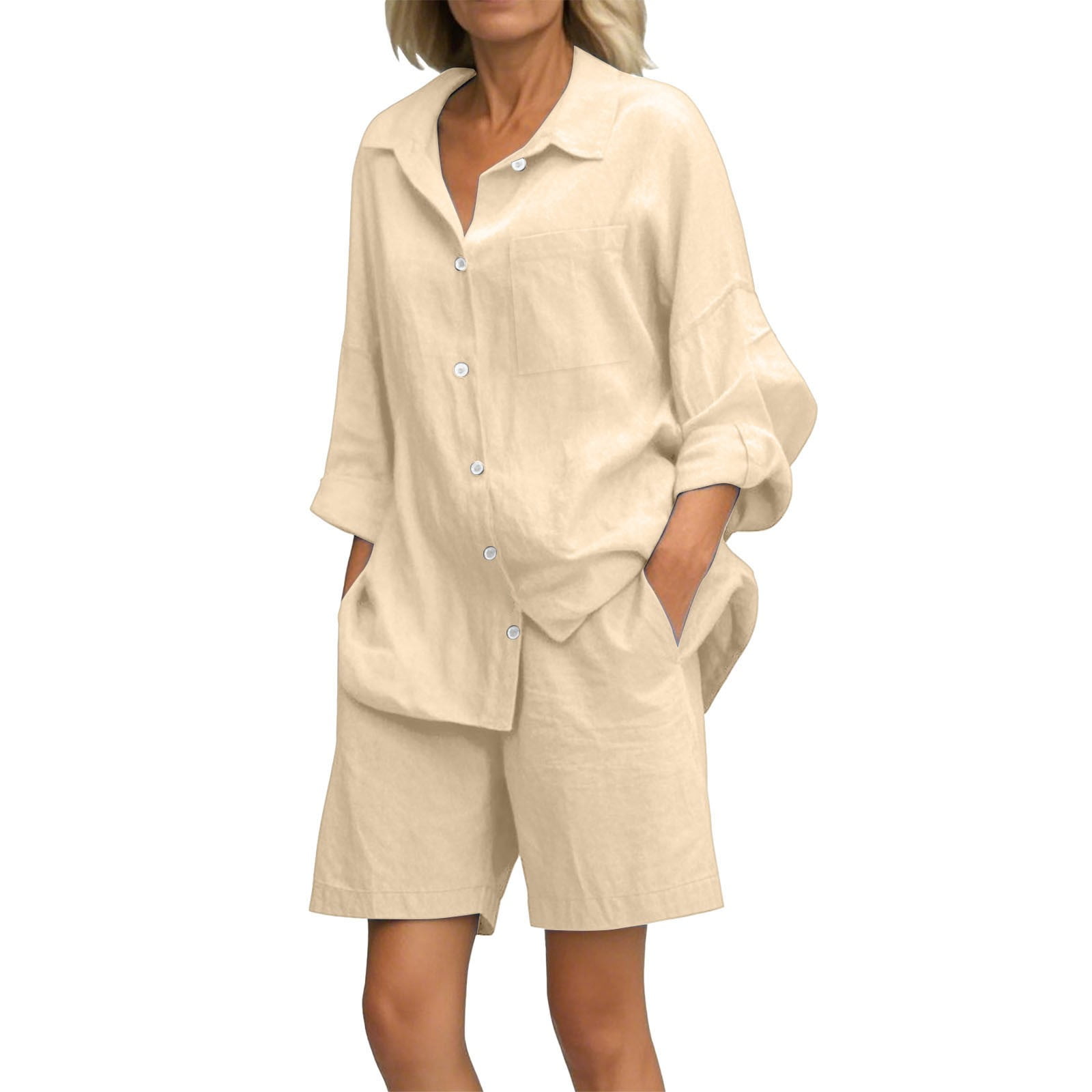 Linen Sets for Women 2 Piece, Fadeal Women's Casual Solid Plus Size ...