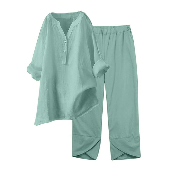Linen Sets for Women 2 Piece Long Sleeve Shirts & Wide Leg Pants Loose Fit Casual Cotton Linen Set Two Piece Outfits Casual Long Sleeve Button Down Shirt Lounge Streetwear Sets