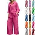 thumbnail image 1 of Linen Sets For Women 2 Piece Long Sleeve Shirts & Wide Leg Trousers Loose Workout Gym Lounge Outfits, 1 of 4