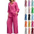 thumbnail image 1 of Linen Sets For Women 2 Piece Long Sleeve Shirts & Wide Leg Trousers Loose Workout Gym Lounge Outfits, 1 of 6