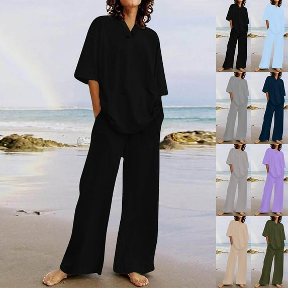 Linen Sets for Women 2 Piece Loose Tracksuit Outfits V-Neck Short Sleece Classic Sweatshirt Oversized Lounge Tops Relaxed Wide Legs Sweatpants Exercise Lightweight Matching Clothing
