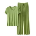 thumbnail image 1 of Linen Sets for Women 2 Piece New Fall Outfits for Women Lounge Sets 2 Piece Short Sleeve Tops Elastic Waist Wide Leg Pants Casual Pajama Sets Green XXL, 1 of 3