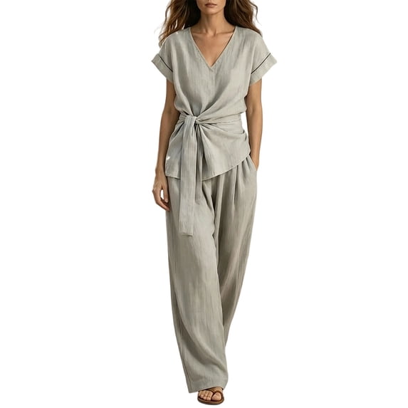 Linen Sets for Women 2 Piece Outfits Casual Half Sleeve Tops and Long Wide Leg Pants Tracksuits Lounge Set Casual Loungewear Going Out Vacation Fall Fashion Outfits