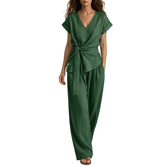 Linen Sets for Women 2 Piece Outfits Casual Half Sleeve Tops and Long Wide Leg Pants Tracksuits Lounge Set Casual Loungewear Going Out Vacation Fall Fashion Outfits